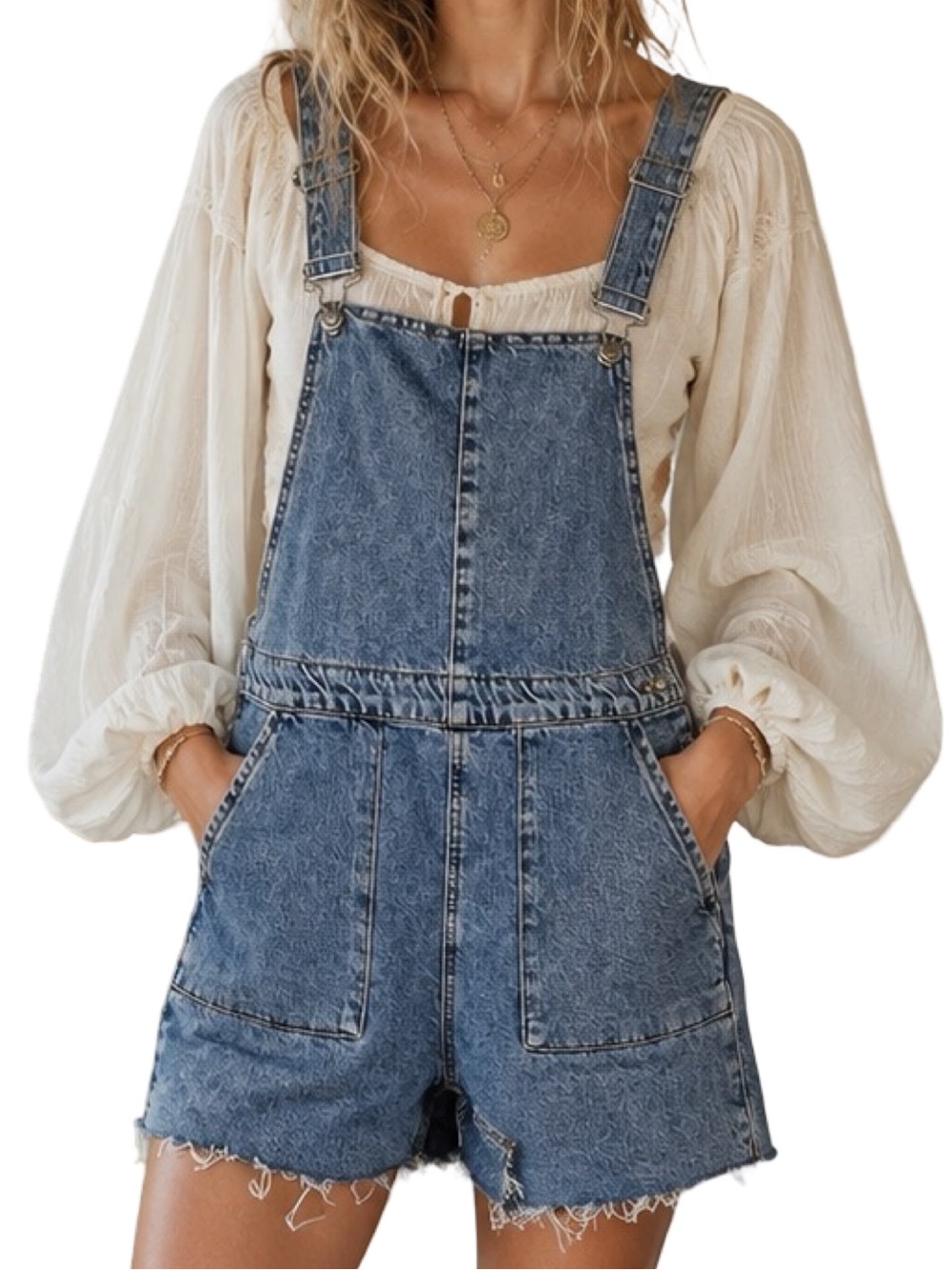 Topshop Denim Raw Hem Short Overalls - Medium Wash 100% Cotton Size 6